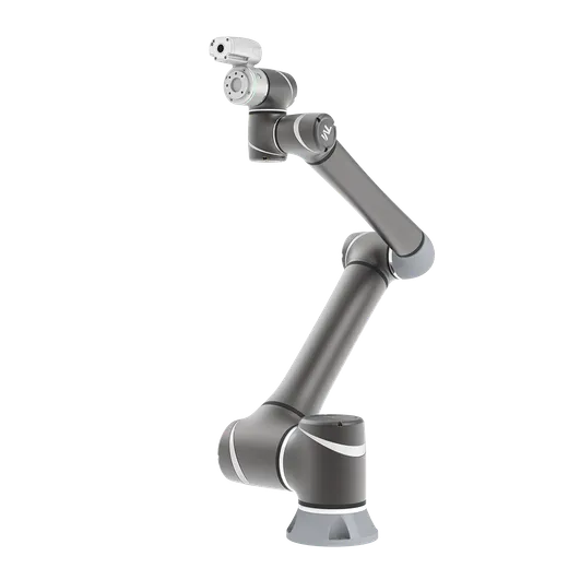 A white Techman TM12 collaborative robot arm posed on a white studio background, its integrated camera-and-screen end effector visible near the wrist.
