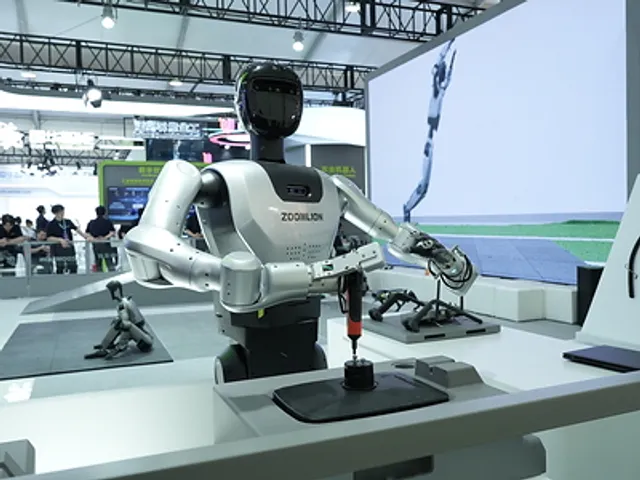 A white Zoomlion-branded robotic arm with a drill-tipped end effector performs precision assembly on a workpiece at a WRC 2026 trade-show booth, with two smaller humanoid robots and a video display in the background.