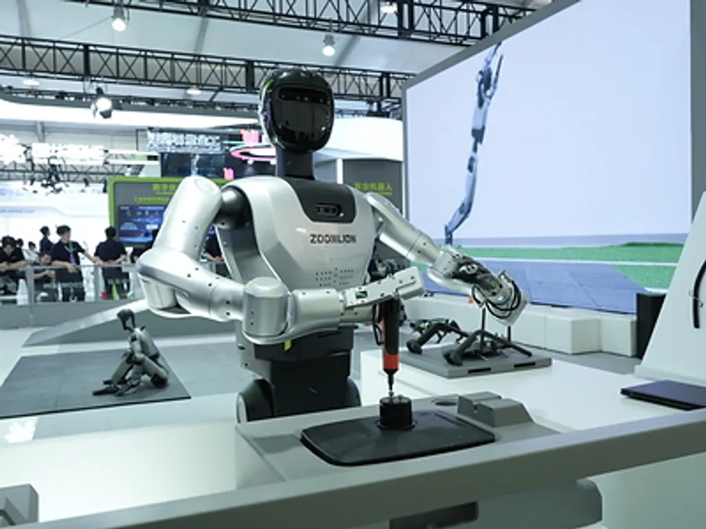A white Zoomlion-branded robotic arm with a drill-tipped end effector performs precision assembly on a workpiece at a WRC 2026 trade-show booth, with two smaller humanoid robots and a video display in the background.