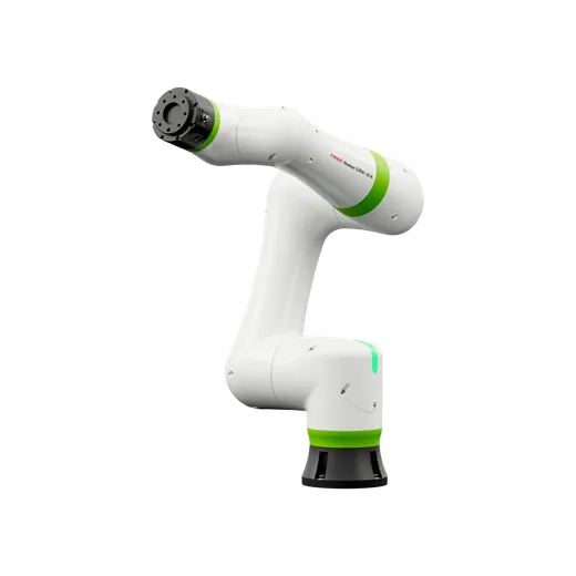 A white and green FANUC CRX-3iA collaborative robot arm posed against a plain white studio background, with a FANUC Robot CRX-3iA nameplate visible on its forearm