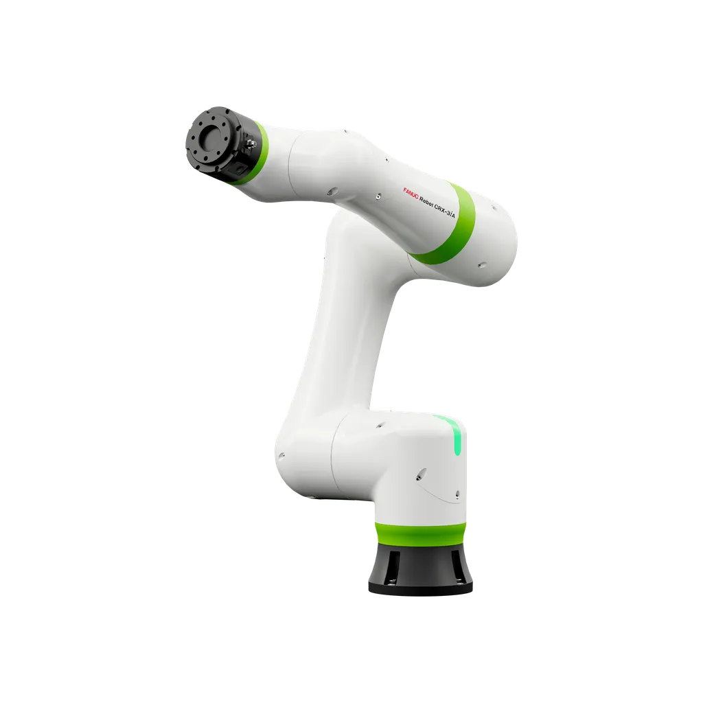 A white and green FANUC CRX-3iA collaborative robot arm posed against a plain white studio background, with a FANUC Robot CRX-3iA nameplate visible on its forearm