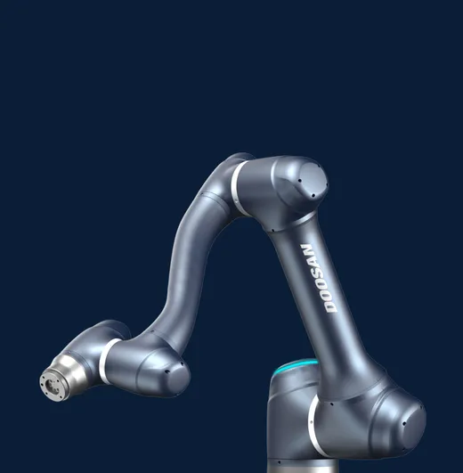 A dark grey Doosan collaborative robot arm, branded 'DOOSAN' along its forearm, posed with its wrist and gripper mount extended against a navy background.