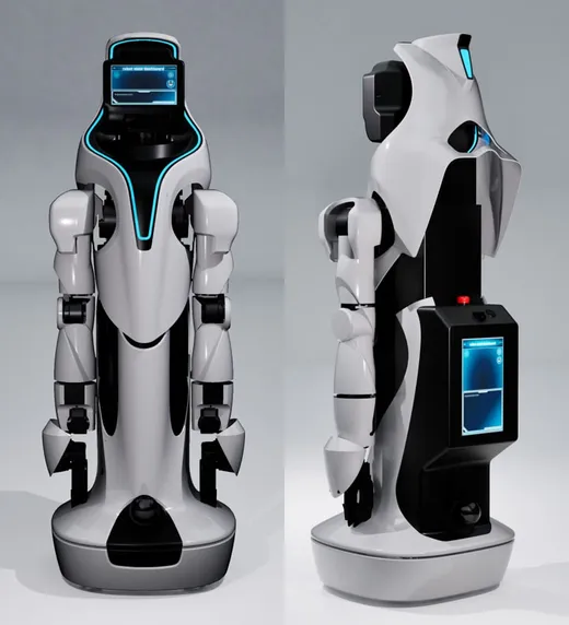 A white-and-black wheeled robot with a chest-height touchscreen display showing a 'robot stair dashboard' interface, photographed from front and side angles in a studio setting, with glowing blue accent lighting along its torso.