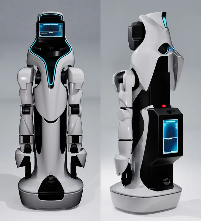 A white-and-black wheeled robot with a chest-height touchscreen display showing a 'robot stair dashboard' interface, photographed from front and side angles in a studio setting, with glowing blue accent lighting along its torso.