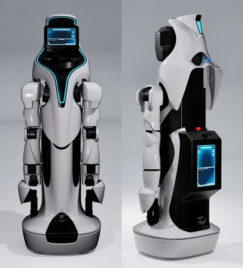 A white-and-black wheeled robot with a chest-height touchscreen display showing a 'robot stair dashboard' interface, photographed from front and side angles in a studio setting, with glowing blue accent lighting along its torso.