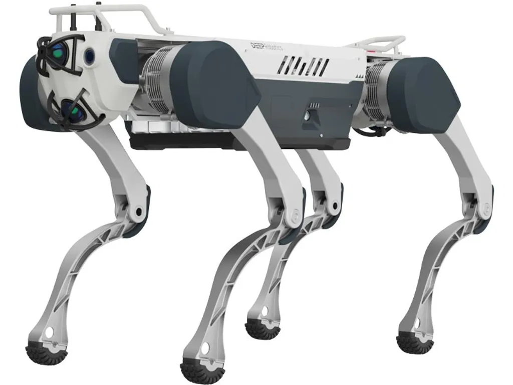 A white four-legged quadruped robot with dark leg joints and a sensor head, shown in a studio product photo against a plain white background.