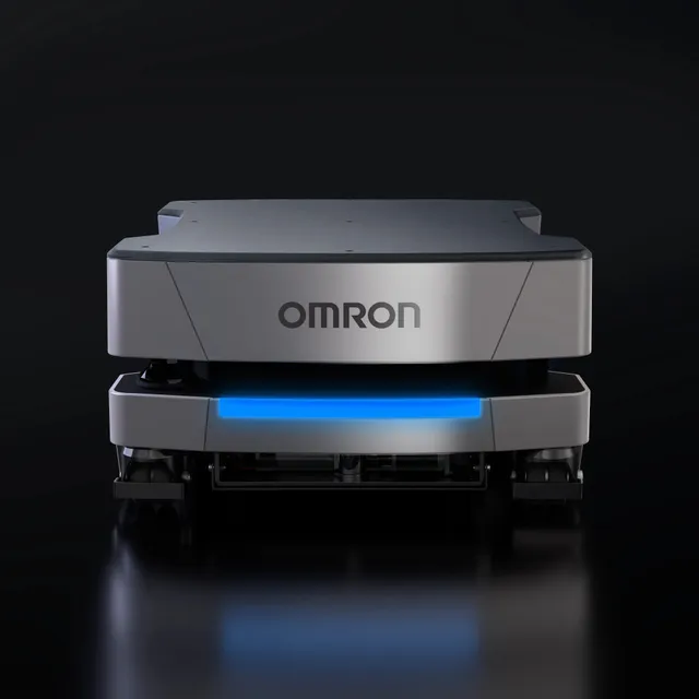 Front view studio photograph of OMRON's LD-300 autonomous mobile robot, a low gray platform with a glowing blue status strip and the OMRON logo printed on its front panel