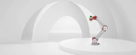 A red-and-silver six-axis collaborative robot arm on a white studio pedestal, with the JAKA logo visible on two of its joints.
