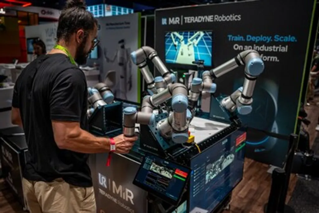 A man in a black t-shirt physically guides a Universal Robots cobot arm at a trade-show booth, with a second cobot arm and a monitor beside him under a Teradyne Robotics banner reading 'Train. Deploy. Scale. On an industrial platform.'