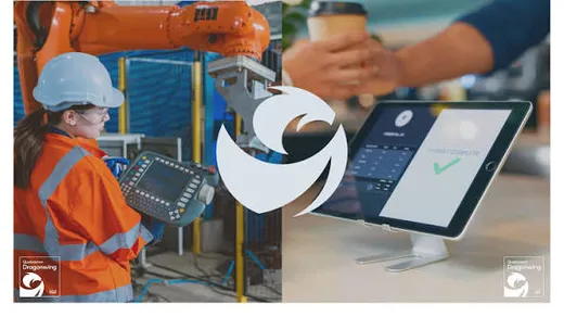 A two-panel press photo joined by a Qualcomm Dragonwing logo mark: on the left, a worker in orange hi-vis and a white hard hat operates an orange industrial robot arm with a handheld teach pendant; on the right, a customer pays at a tablet-based point-of-sale terminal while holding a coffee cup. The photo illustrates the chips' target use cases and does not depict the IQ-2390 chip itself.