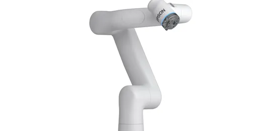 A white six-axis collaborative robot arm with the EPSON logo on its wrist and a blue status ring at the tool flange, shown against a plain white background