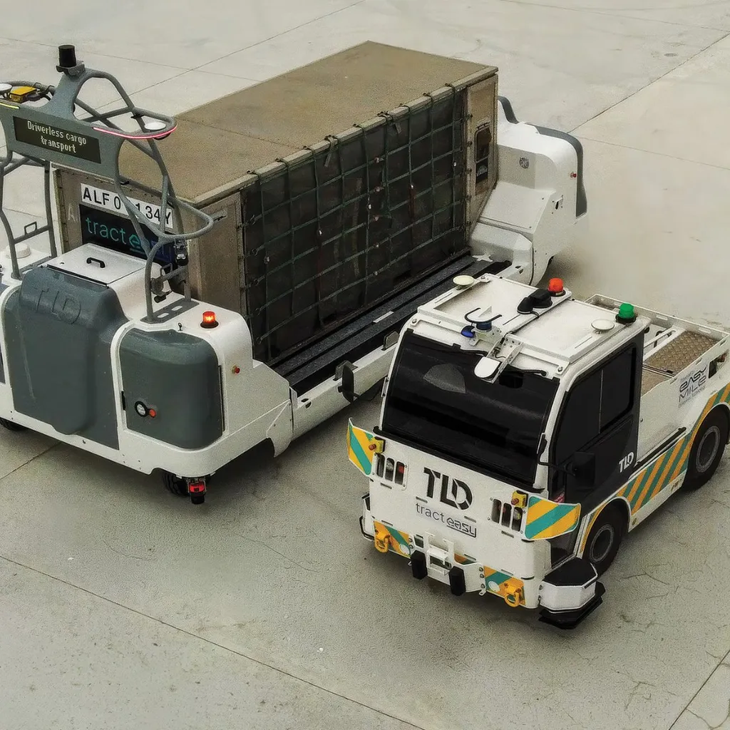 Aerial view of two white driverless airport ground-support vehicles branded TLD and TractEasy on an airfield apron: a low cargo dolly carrying a loaded cargo container beside a tow tractor with a roof-mounted sensor array