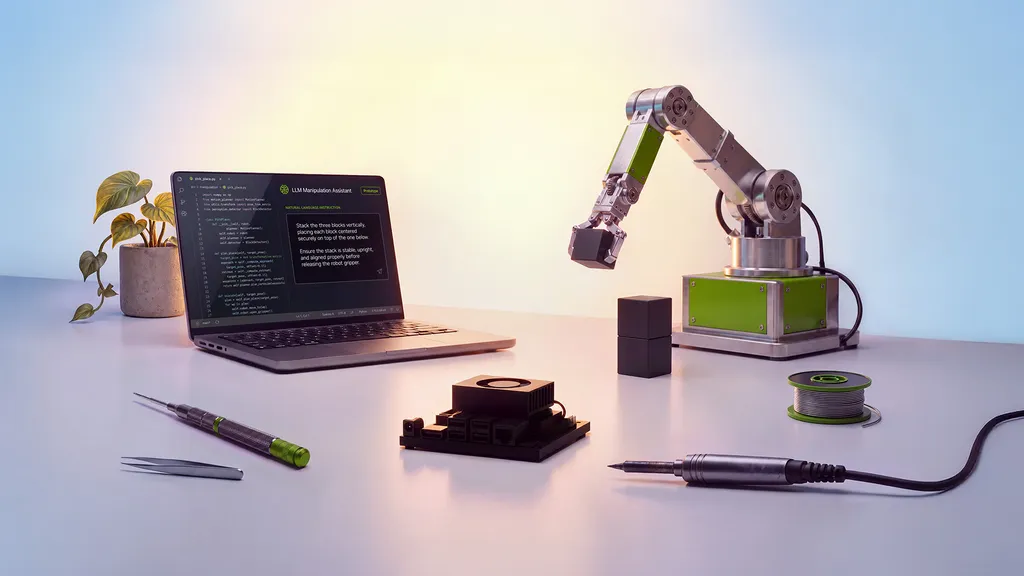 An NVIDIA Jetson Orin Nano 2 module connected to a small robotic arm on a workbench, next to a laptop running motion-planning code.
